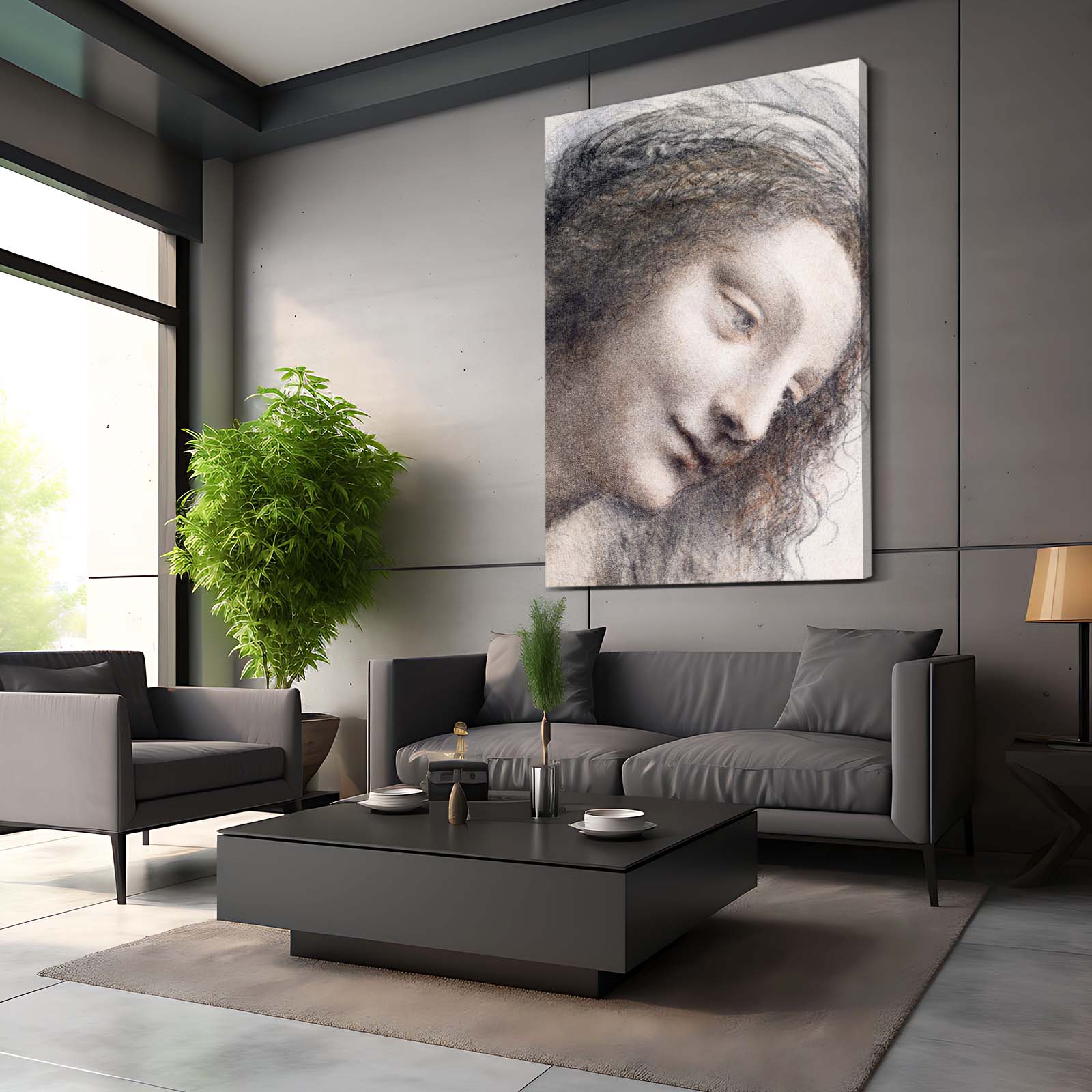 Head Of The Virgin Da Vinci Art – styled in a furnished interior