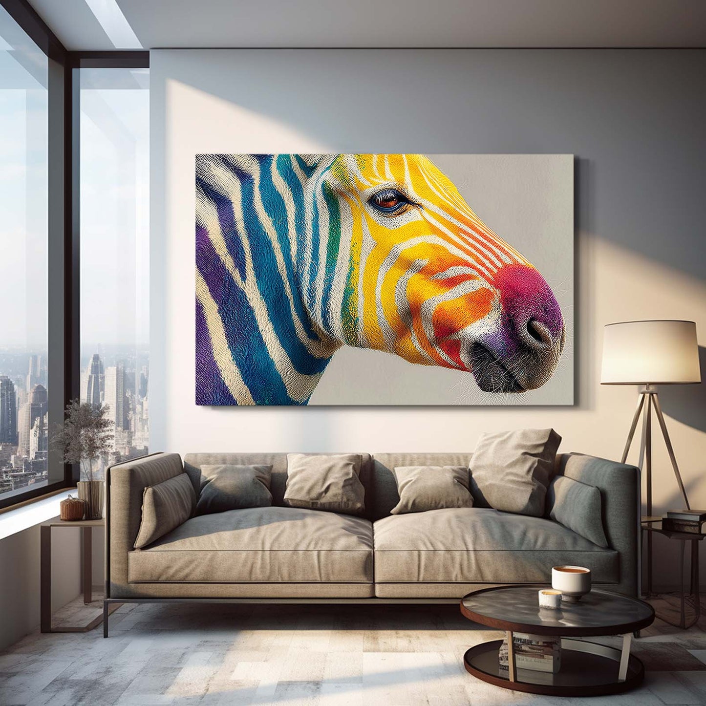 Head Zebra Artwork – styled in a furnished interior