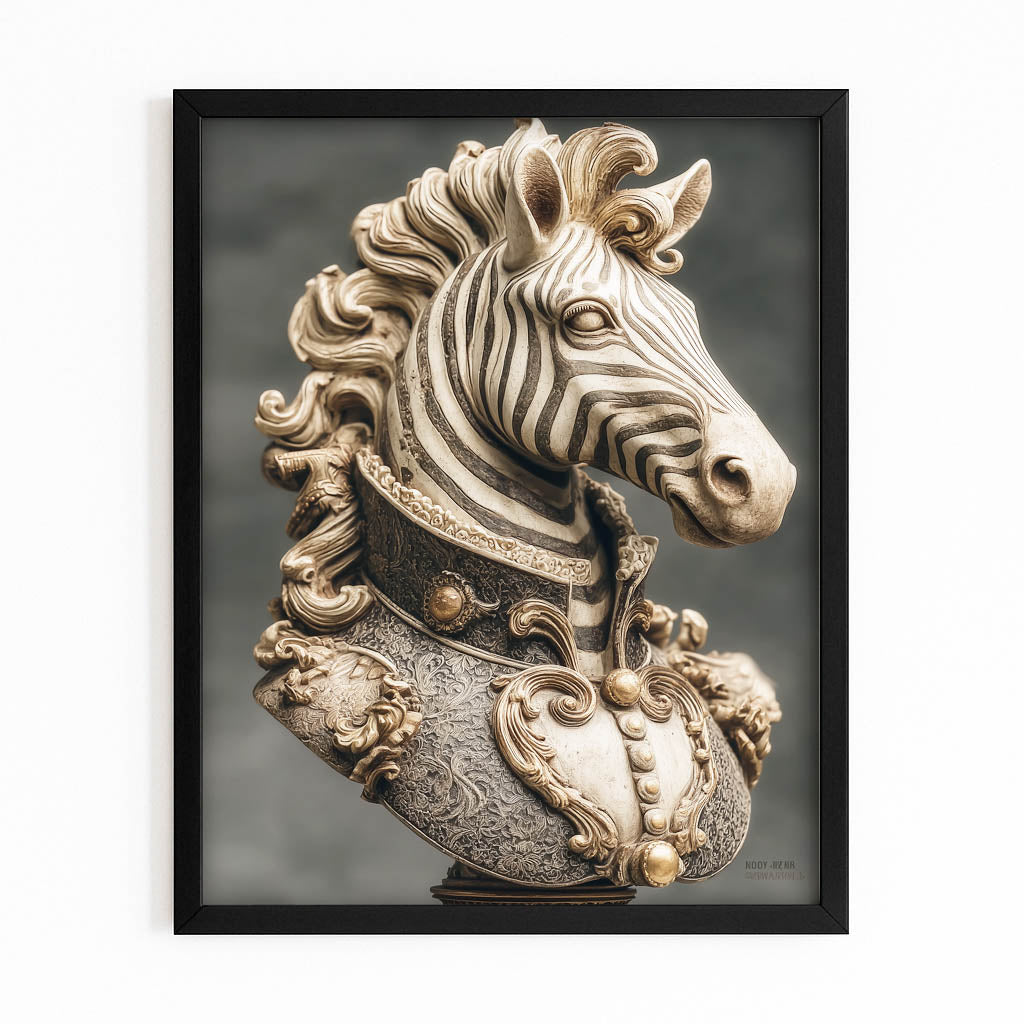 Head Zebra Wall Art – with Premium Black frame on white background