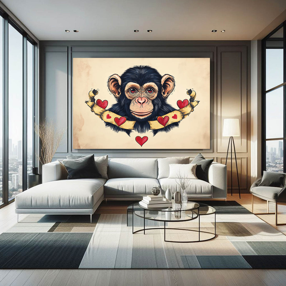 Heart Banner Cartoon Monkey Art — contemporary canvas print, styled in a furnished interior