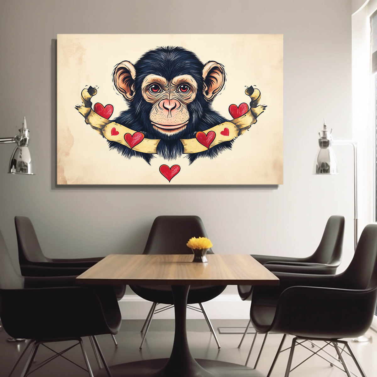 Heart Banner Cartoon Monkey Art — contemporary canvas print, styled in a furnished interior