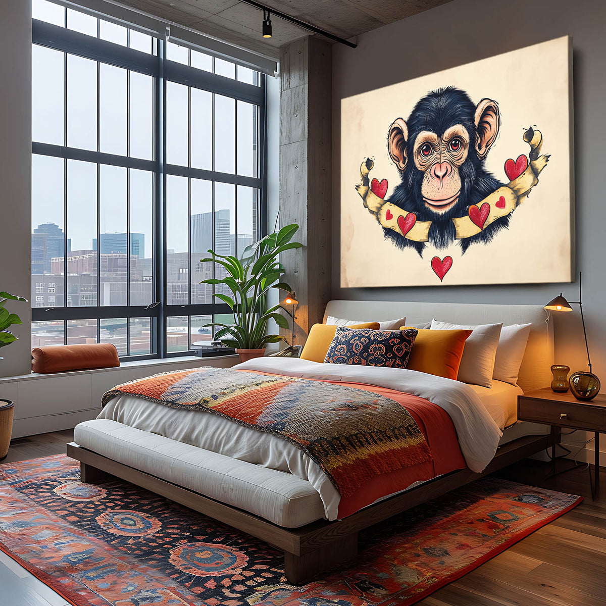 Heart Banner Cartoon Monkey Art — contemporary canvas print, styled in a furnished interior