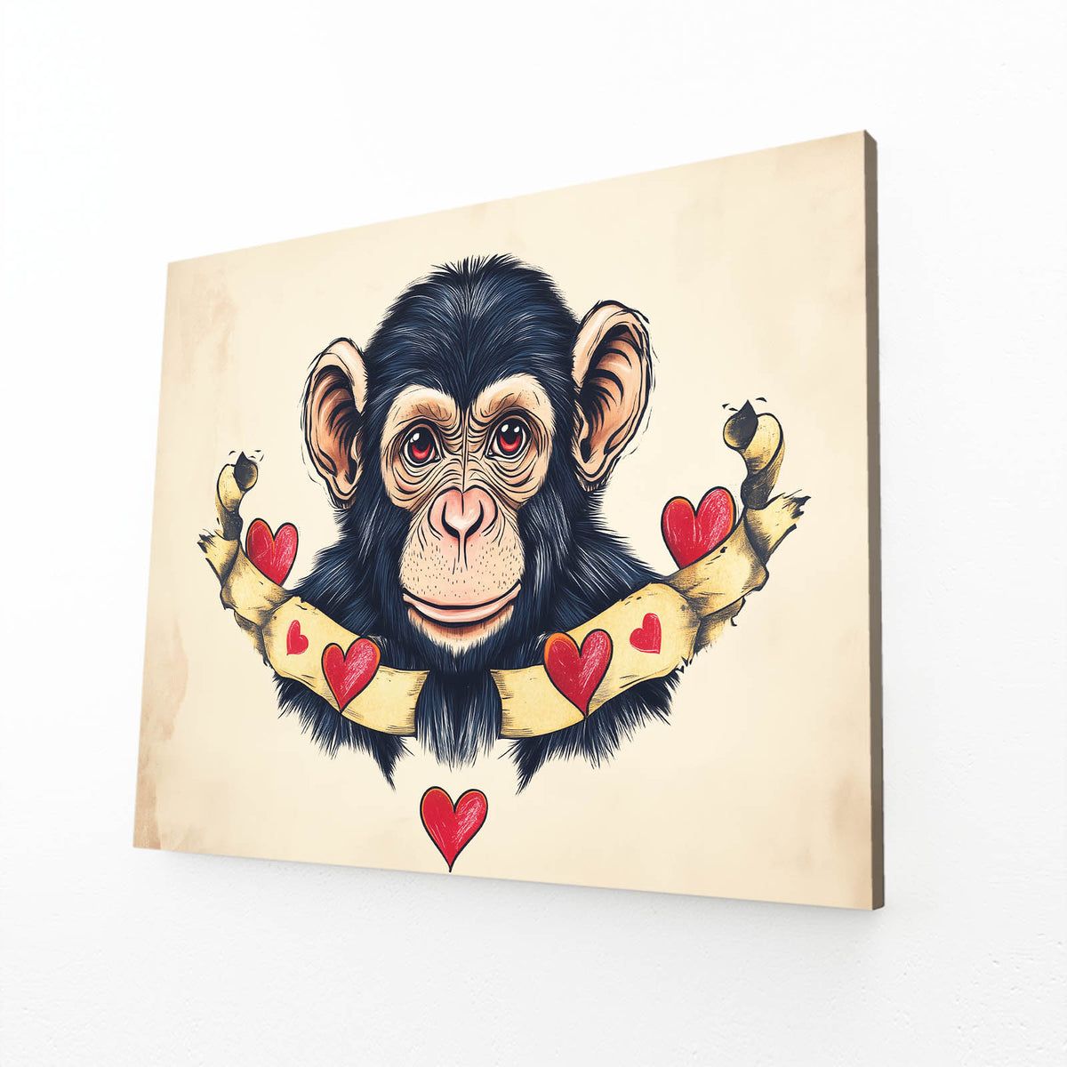 Heart Banner Cartoon Monkey Art — contemporary canvas print, angled canvas view on white background