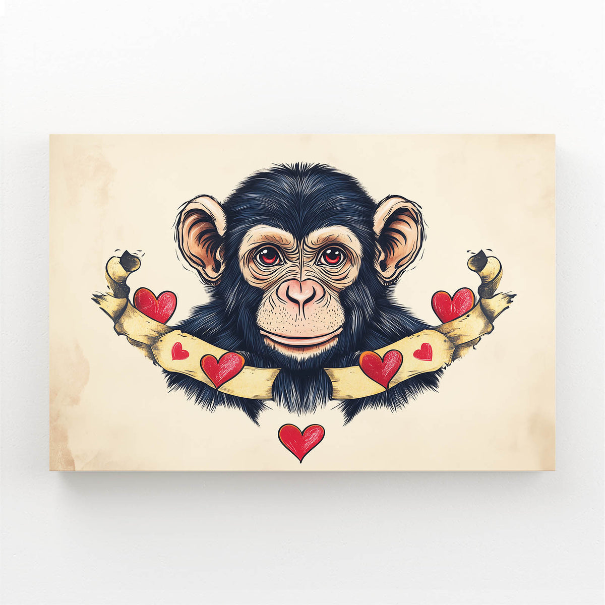 Heart Banner Cartoon Monkey Art — contemporary canvas print, angled canvas view on white background