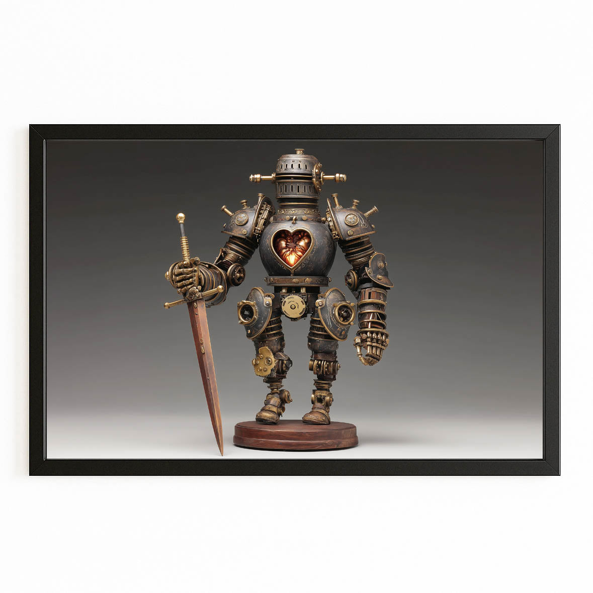 Heart-Core Knight Bot Steampunk Wall Decor – with Premium Black frame on white background