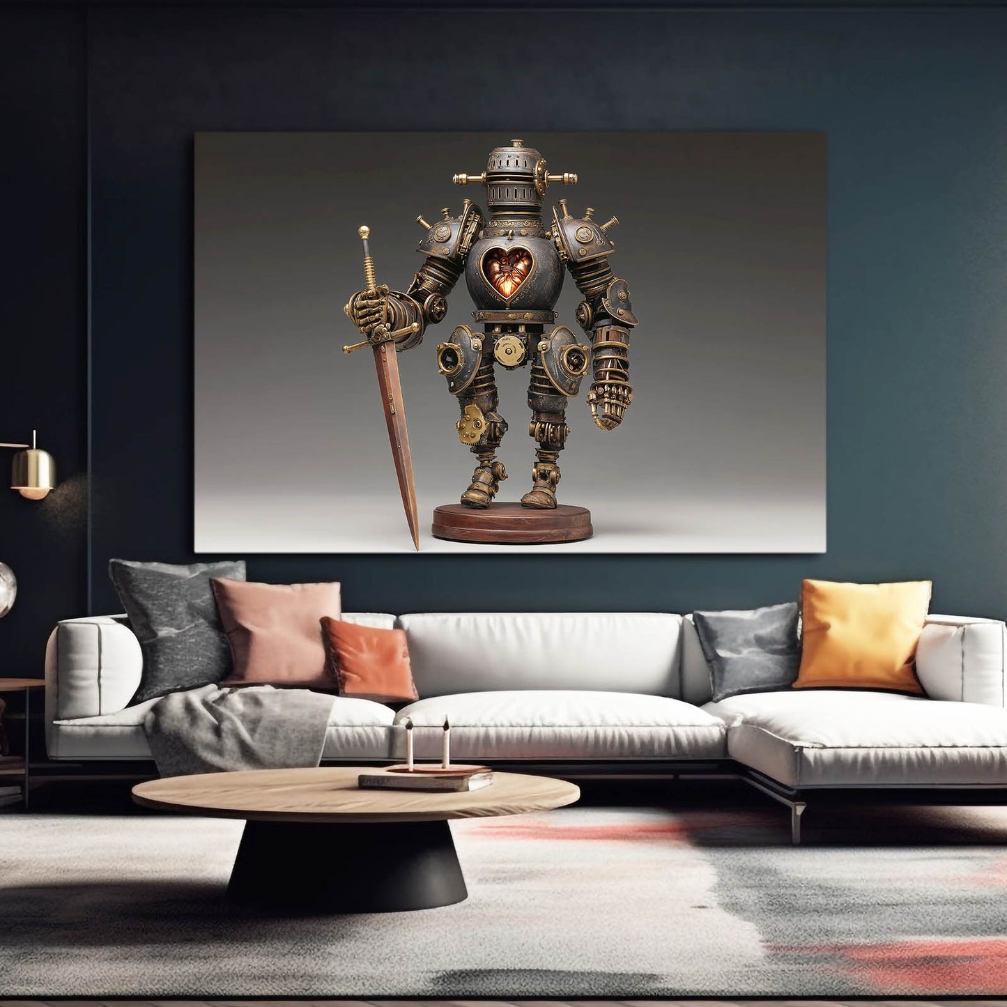 Heart-Core Knight Bot Steampunk Wall Decor – styled in a furnished interior