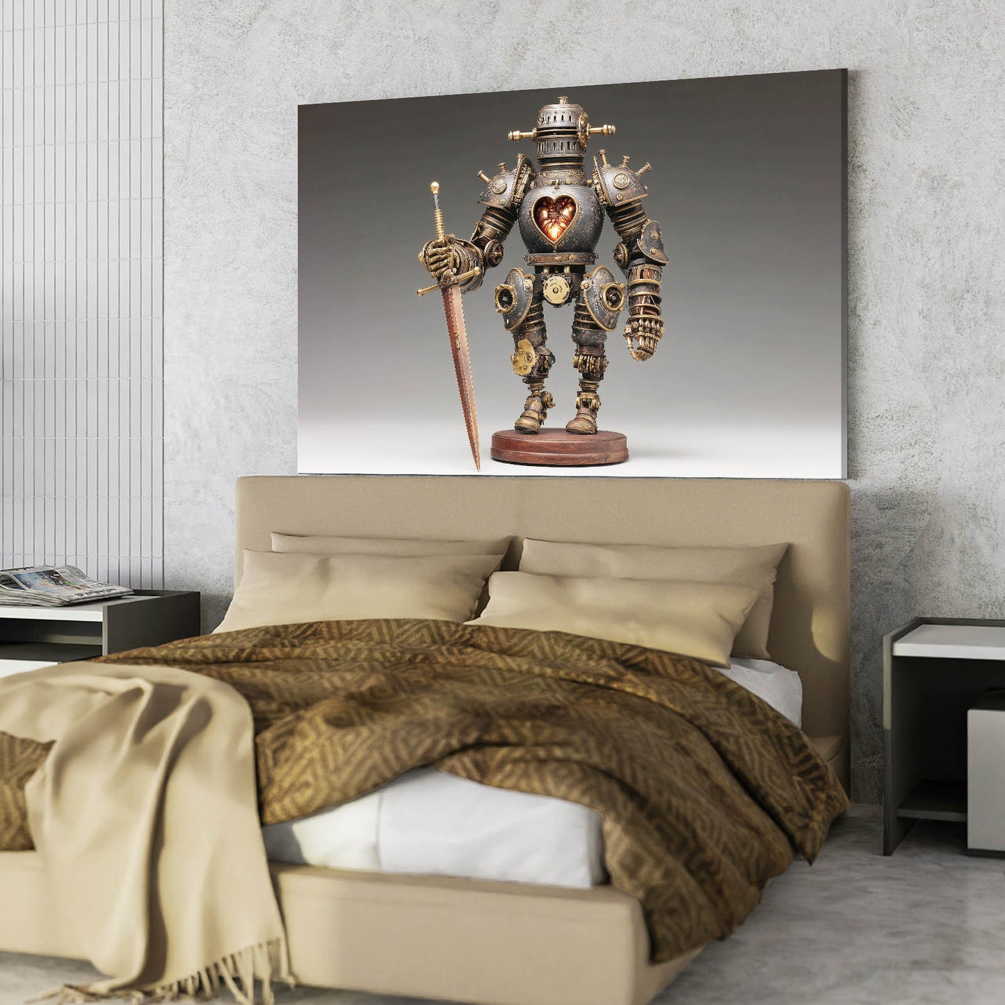 Heart-Core Knight Bot Steampunk Wall Decor – styled in a furnished interior
