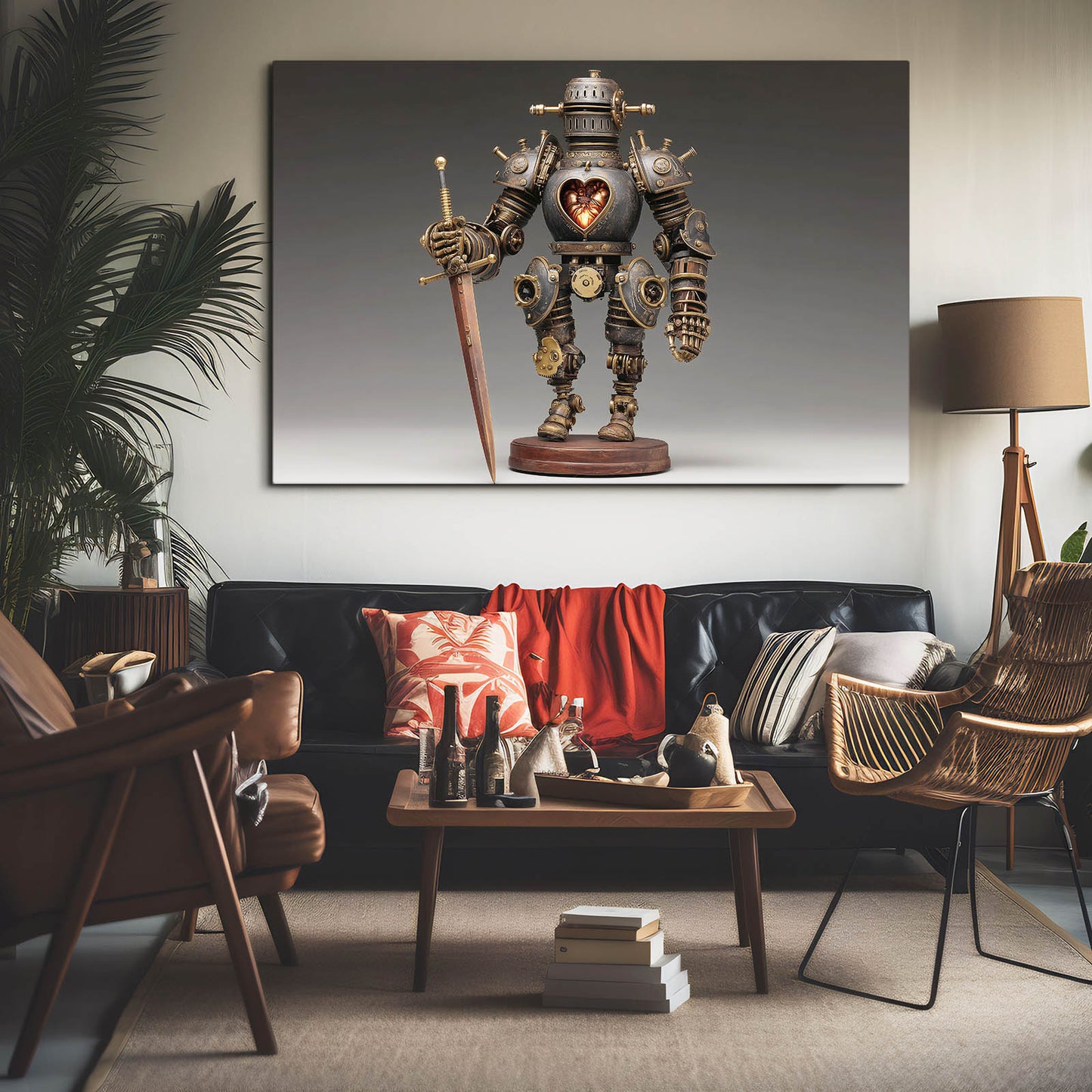 Heart-Core Knight Bot Steampunk Wall Decor – styled in a furnished interior