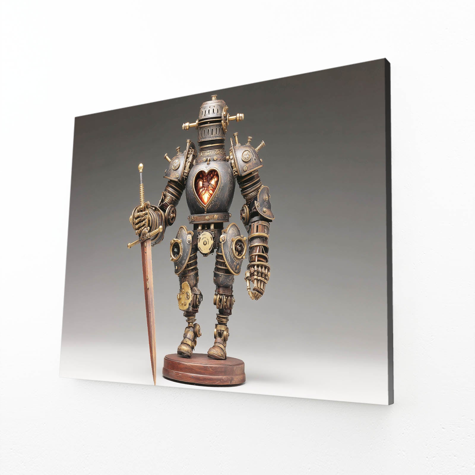 Heart-Core Knight Bot Steampunk Wall Decor – angled canvas view on white background