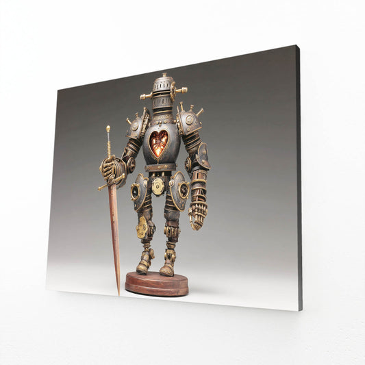 Heart-Core Knight Bot Steampunk Wall Decor – angled canvas view on white background