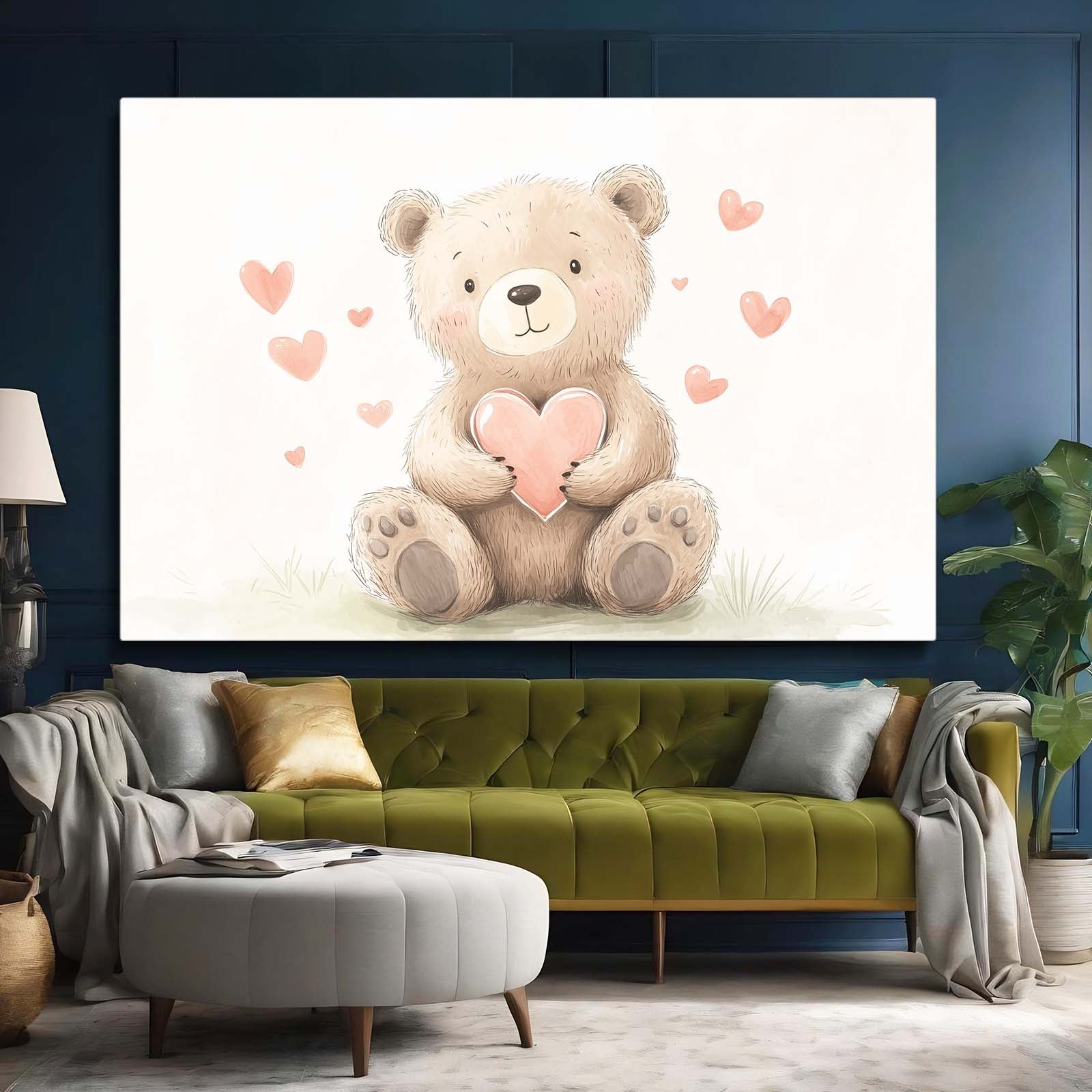 Heart Hug Teddy Bear Art — contemporary canvas print, styled in a furnished interior