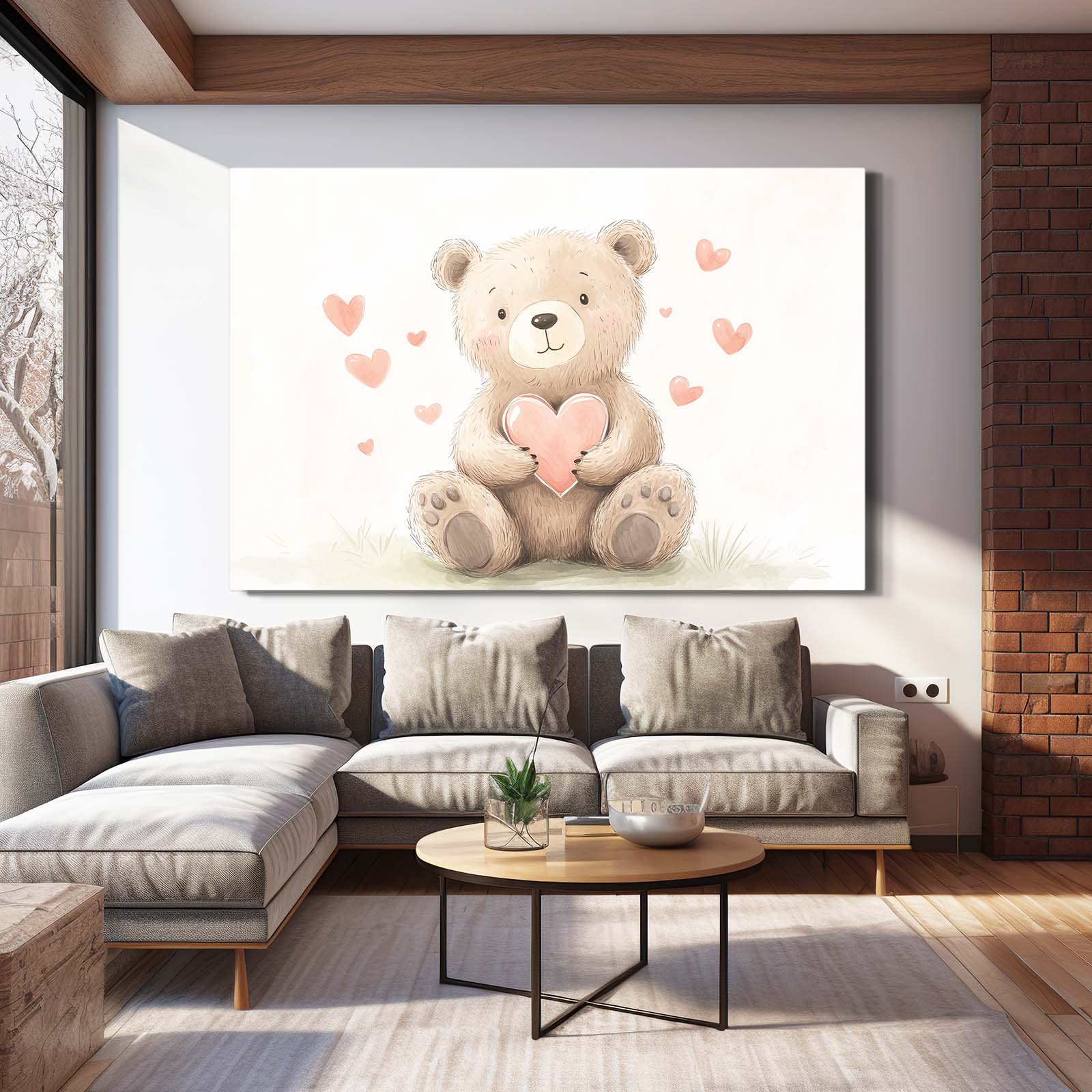 Heart Hug Teddy Bear Art — contemporary canvas print, styled in a furnished interior