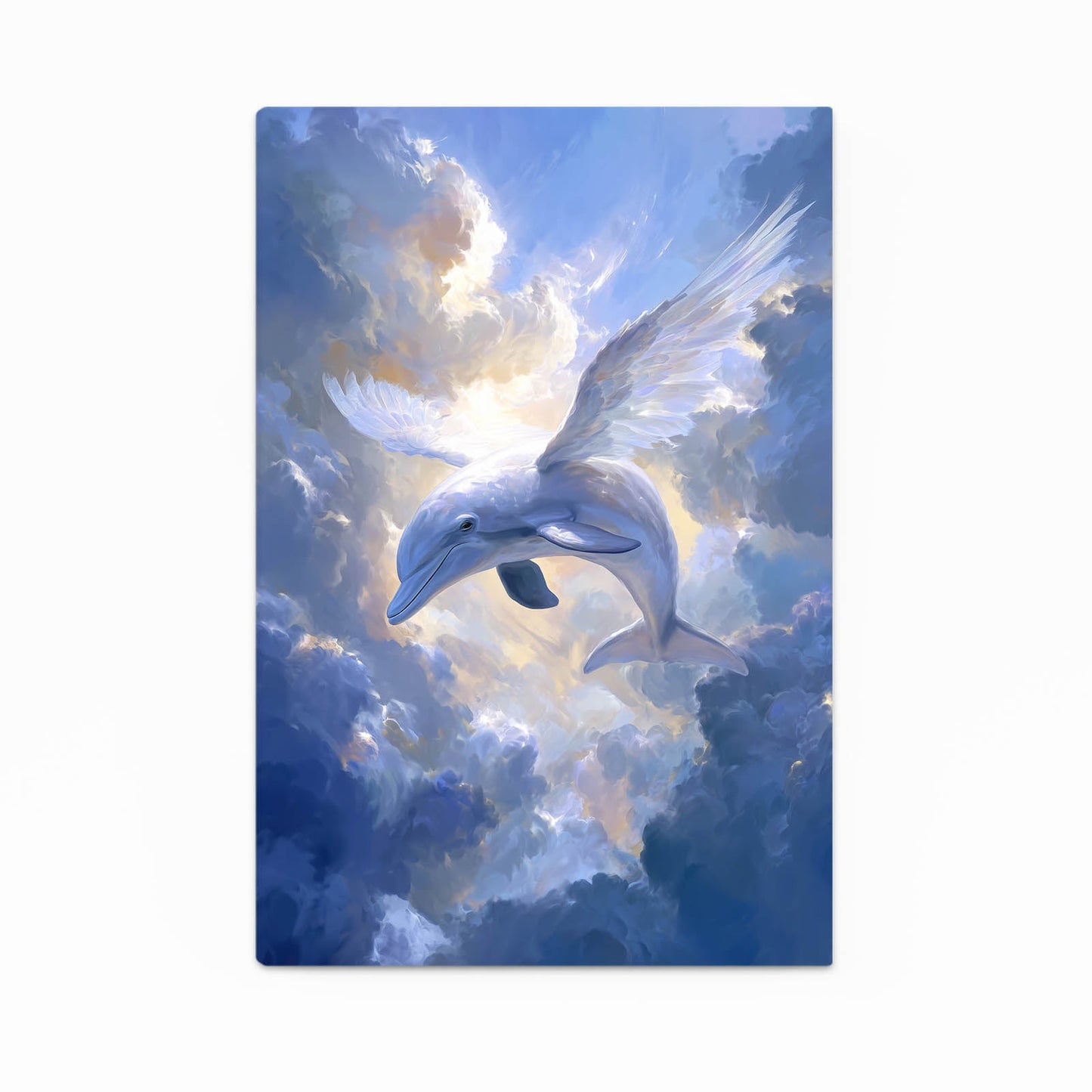 Heavenly Glide Dolphin Art – dolphin soaring through luminous heavenly clouds and soft rays of light