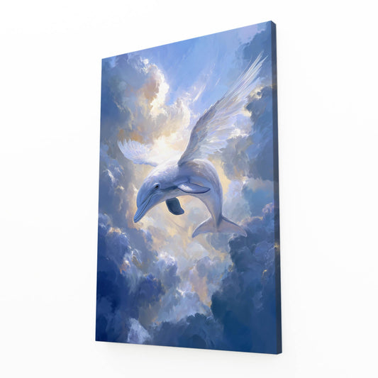Heavenly Glide Dolphin Art – angled canvas view on white background