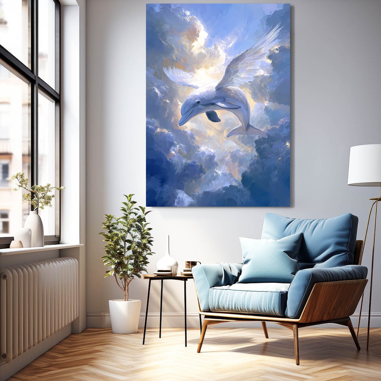 Heavenly Glide Dolphin Art – styled in a furnished interior