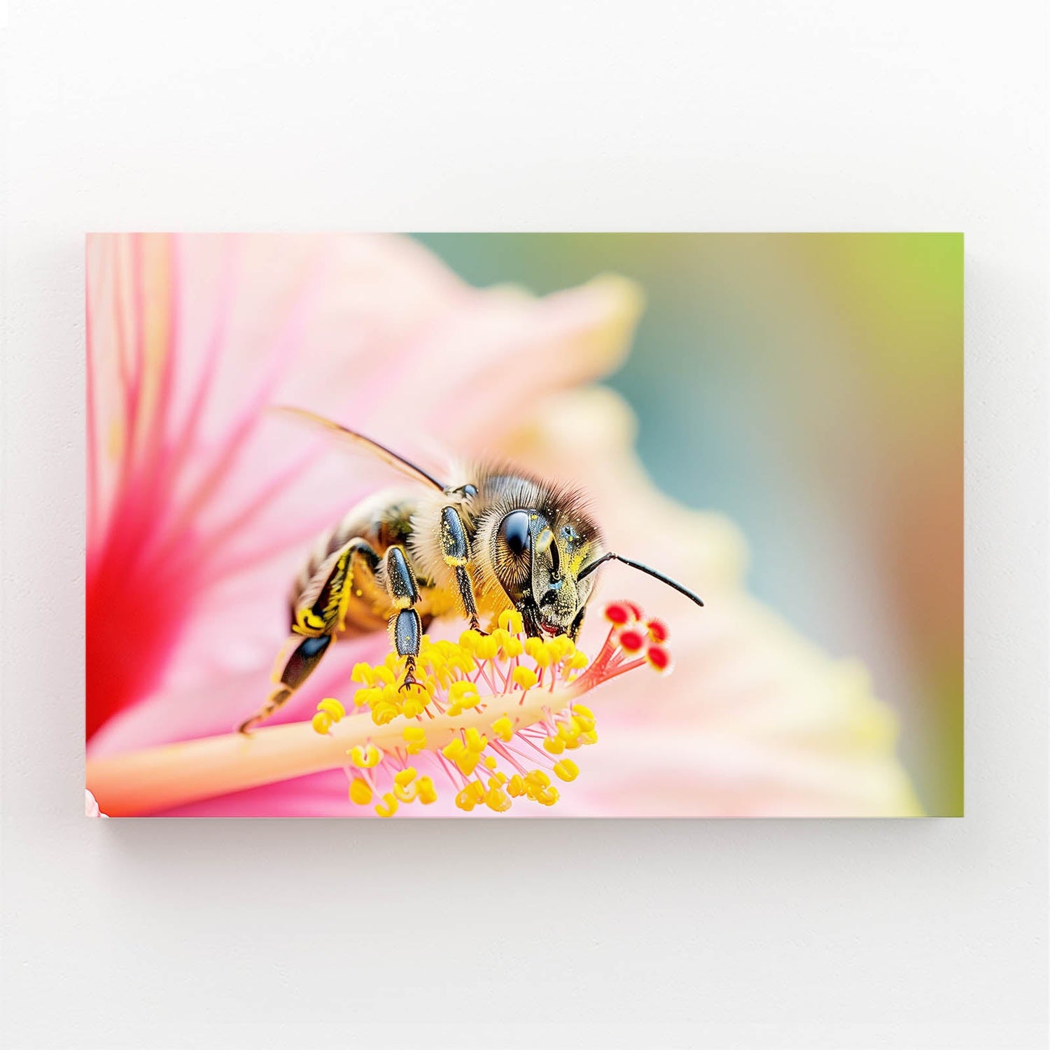 Hibiscus Bloom Bee Art — botanical canvas print in white tones