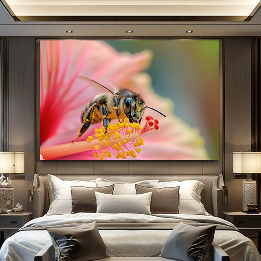 Hibiscus Bloom Bee Art — botanical canvas print in white tones, view 3