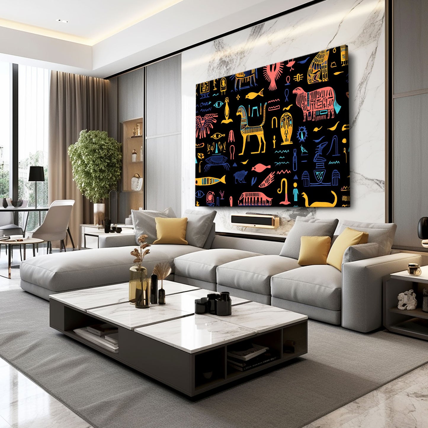 Hieroglyph Icons On Black Egyptian Art – styled in a furnished interior
