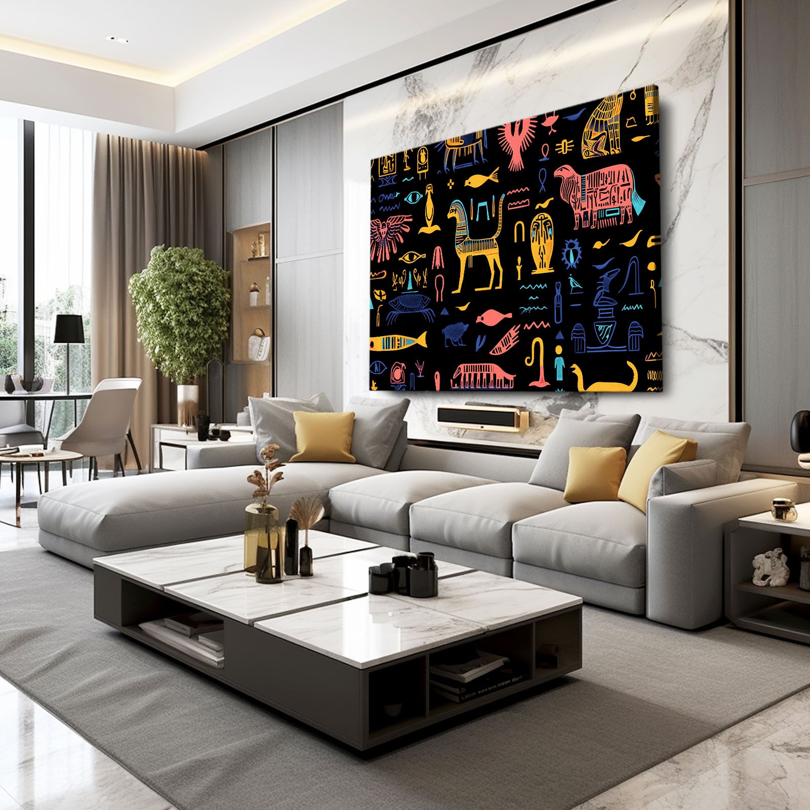 Hieroglyph Icons On Black Egyptian Art – styled in a furnished interior