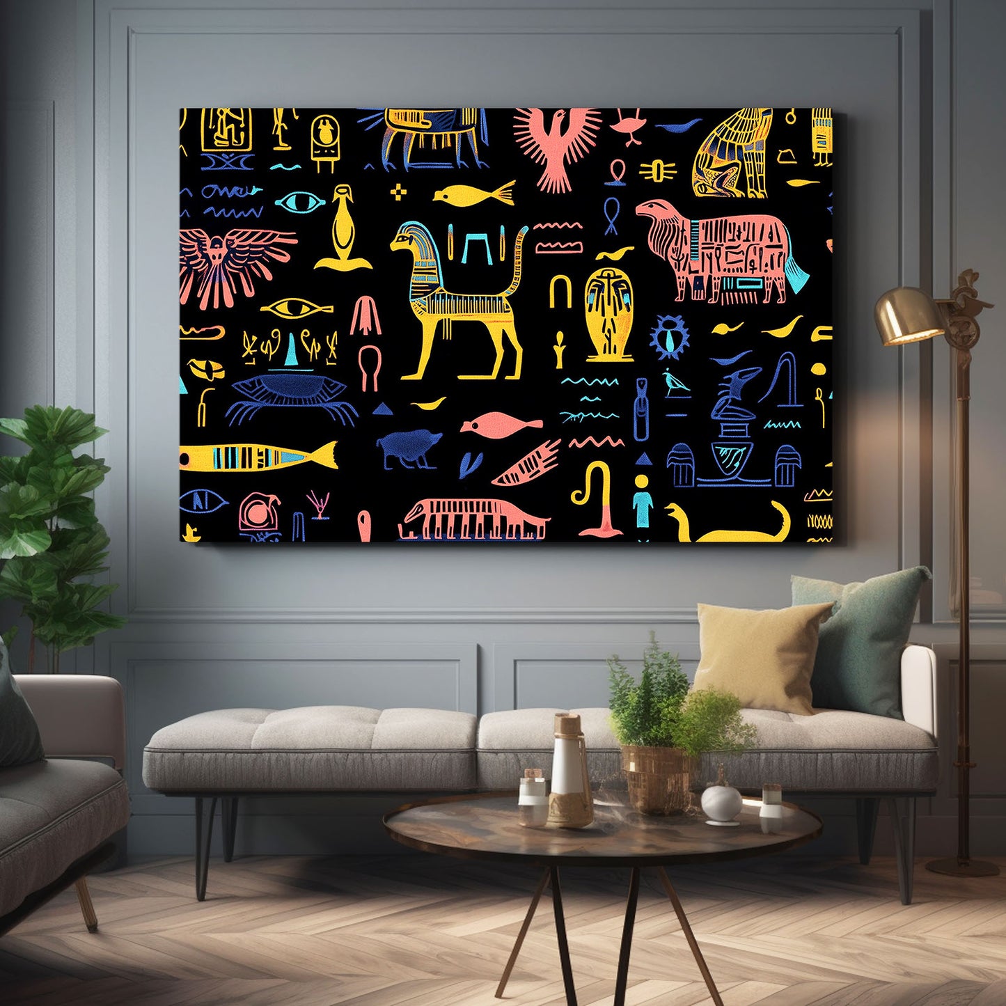 Hieroglyph Icons On Black Egyptian Art – styled in a furnished interior