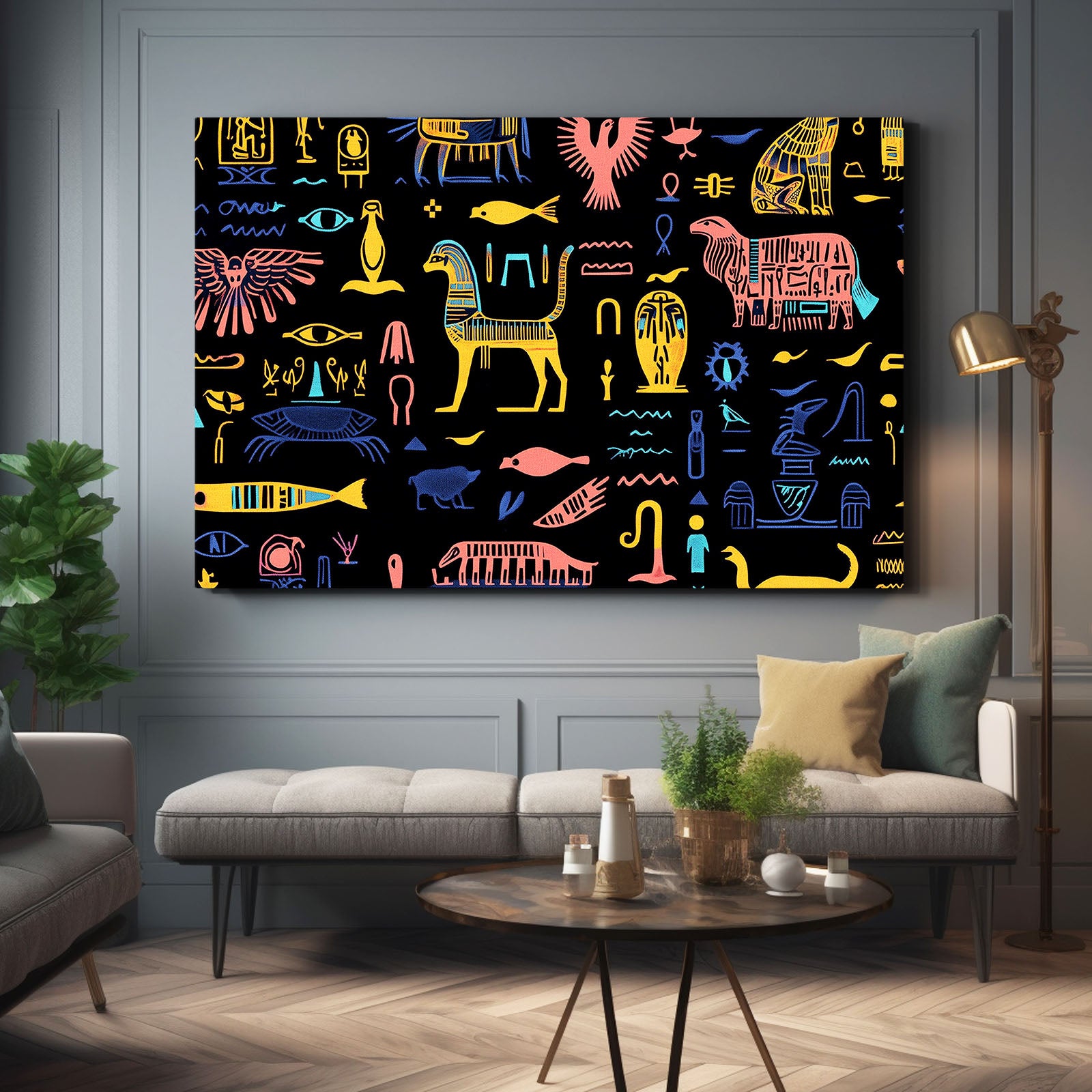 Hieroglyph Icons On Black Egyptian Art – styled in a furnished interior
