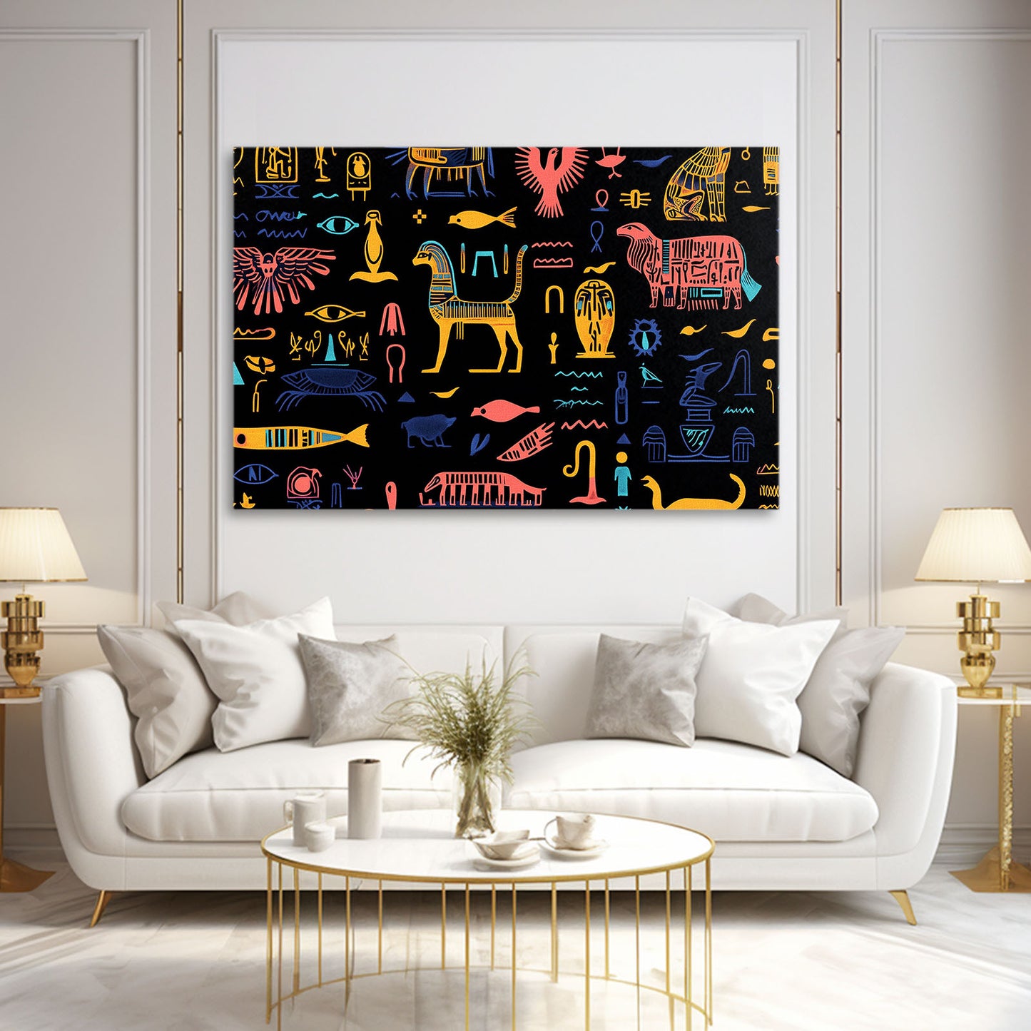 Hieroglyph Icons On Black Egyptian Art – styled in a furnished interior