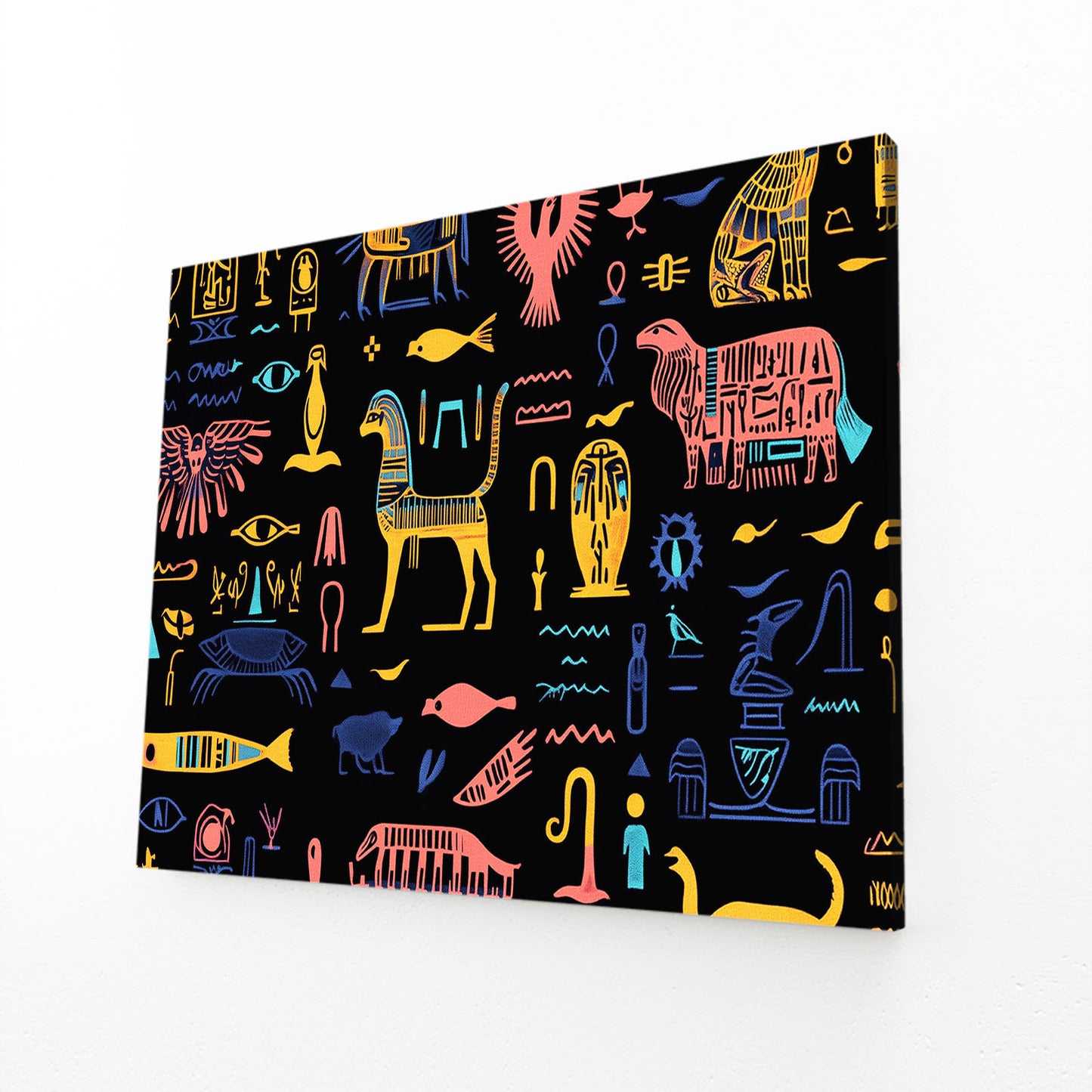 Hieroglyph Icons On Black Egyptian Art – angled canvas view on white background