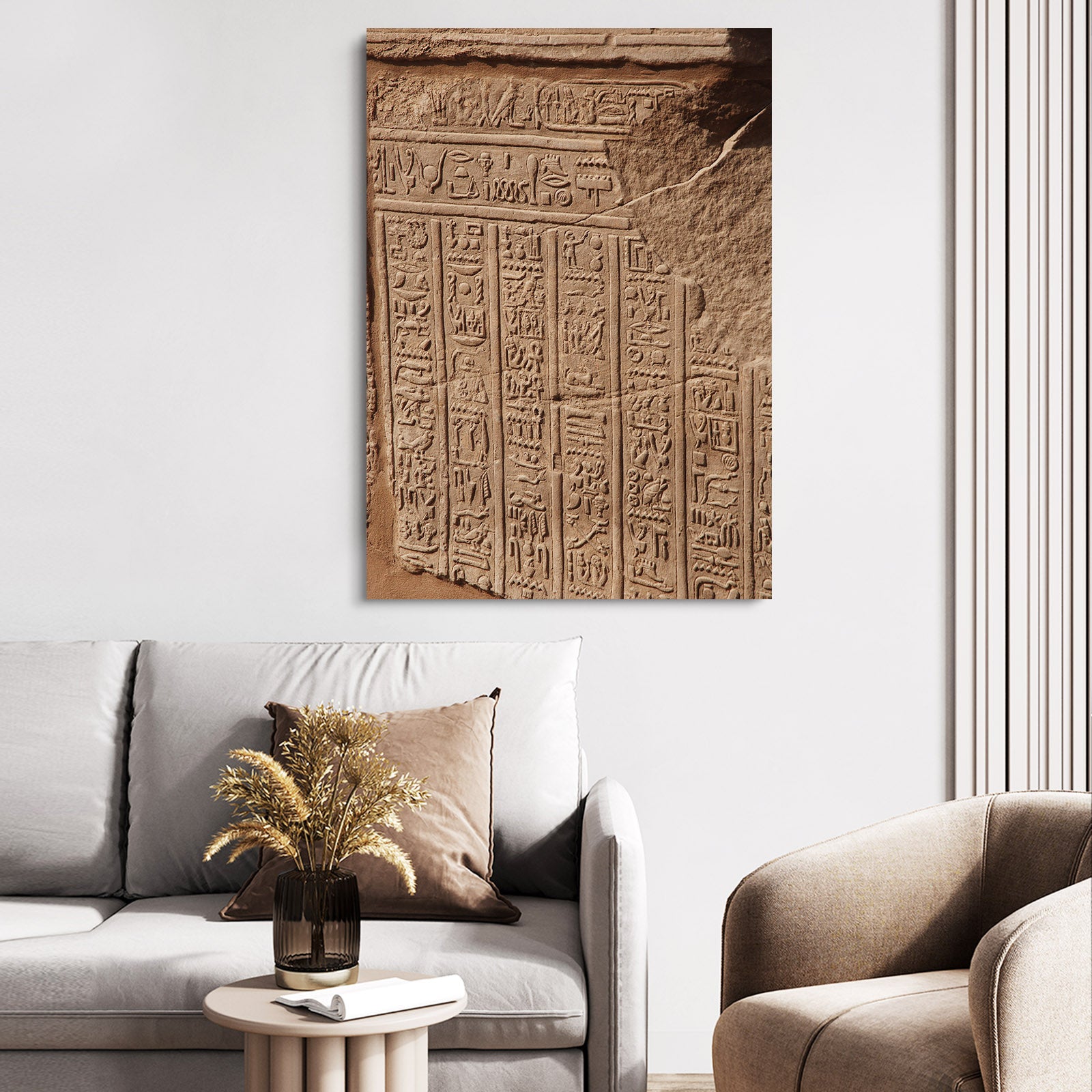 Hieroglyphic Wall Relief Egyptian Wall Art – styled in a furnished interior