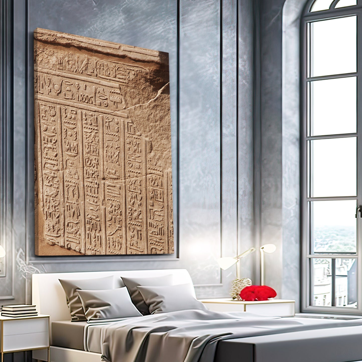 Hieroglyphic Wall Relief Egyptian Wall Art – styled in a furnished interior