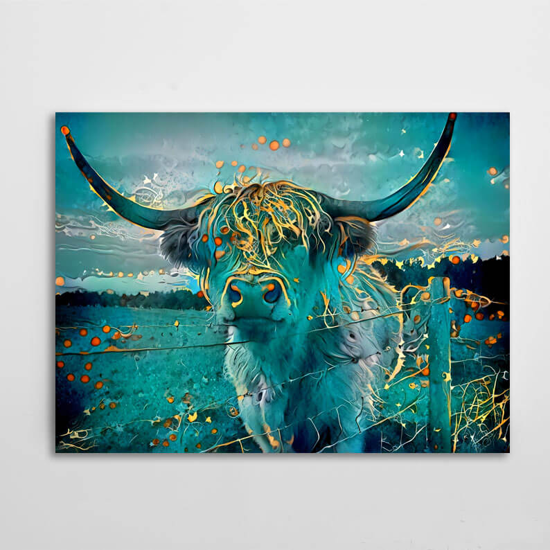 Highland Cow Wall Art – angled canvas view on white background