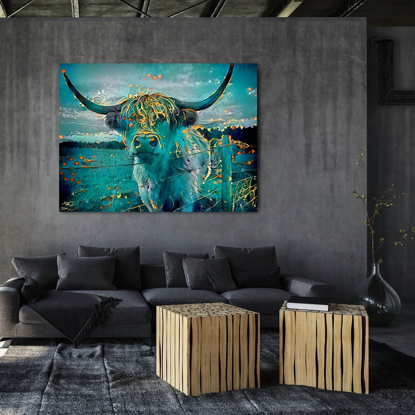 Highland Cow Wall Art – angled canvas view on white background