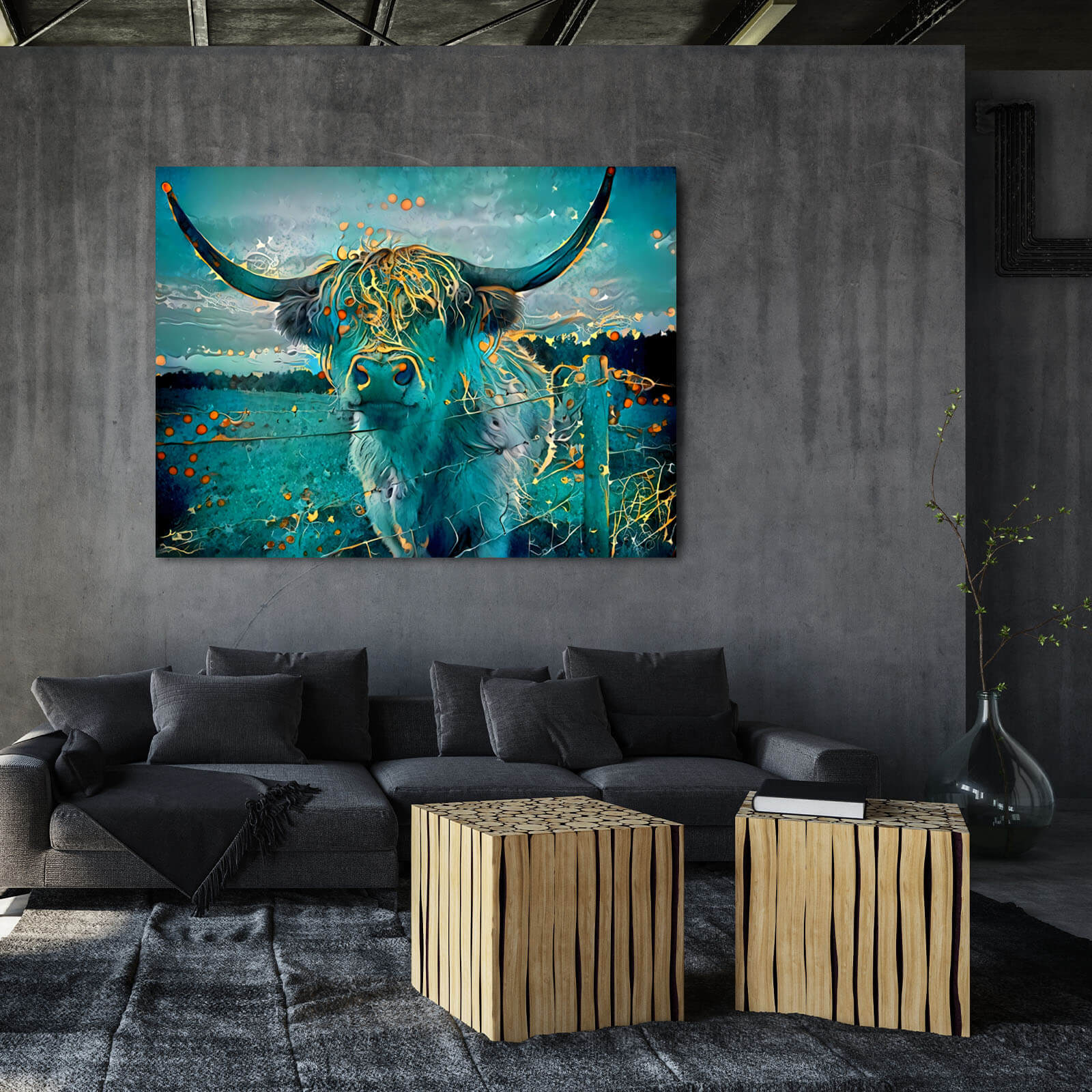 Highland Cow Wall Art – angled canvas view on white background