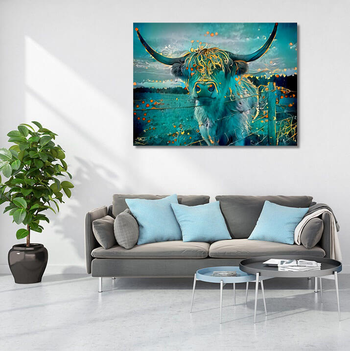 Highland Cow Wall Art – angled canvas view on white background