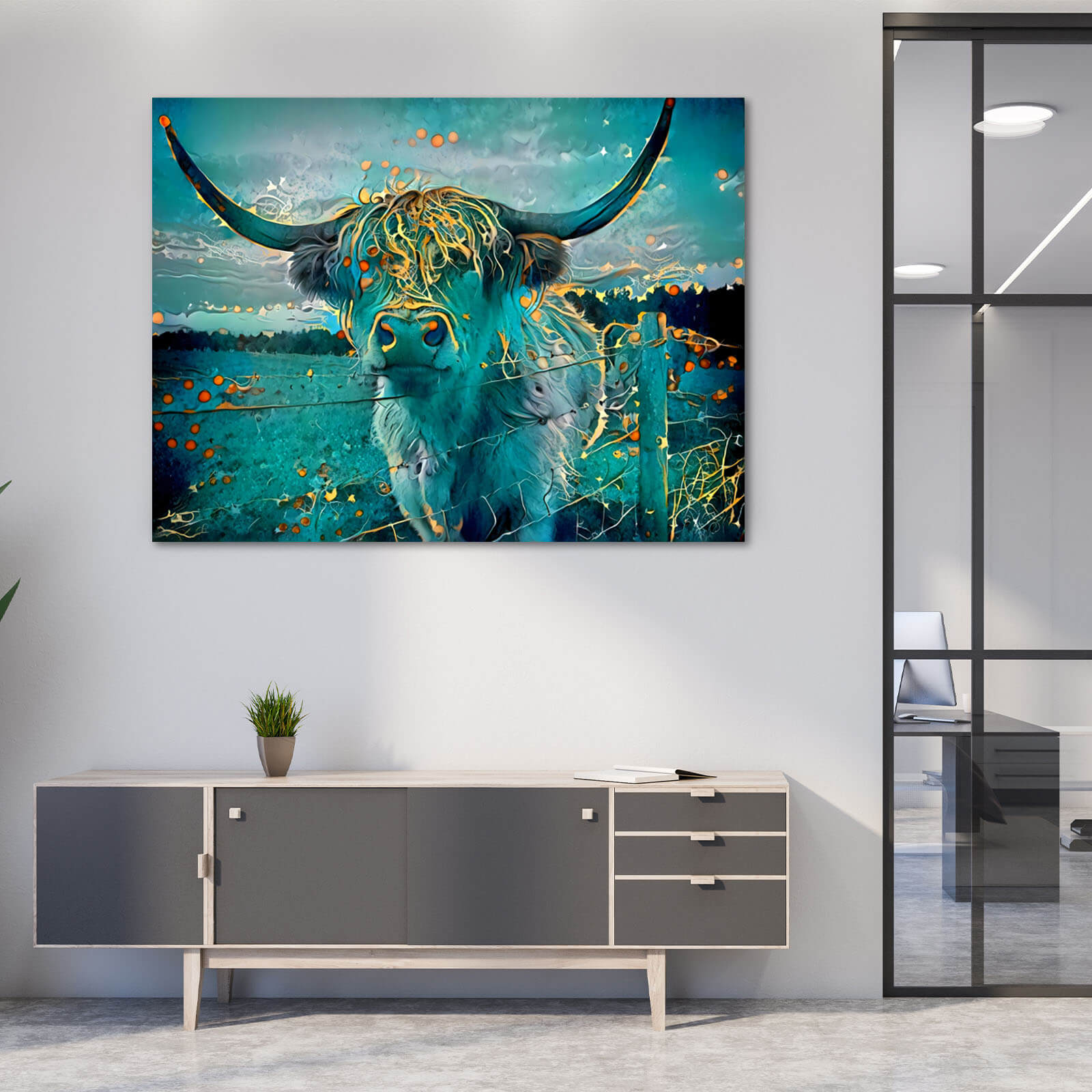 Highland Cow Wall Art – angled canvas view on white background