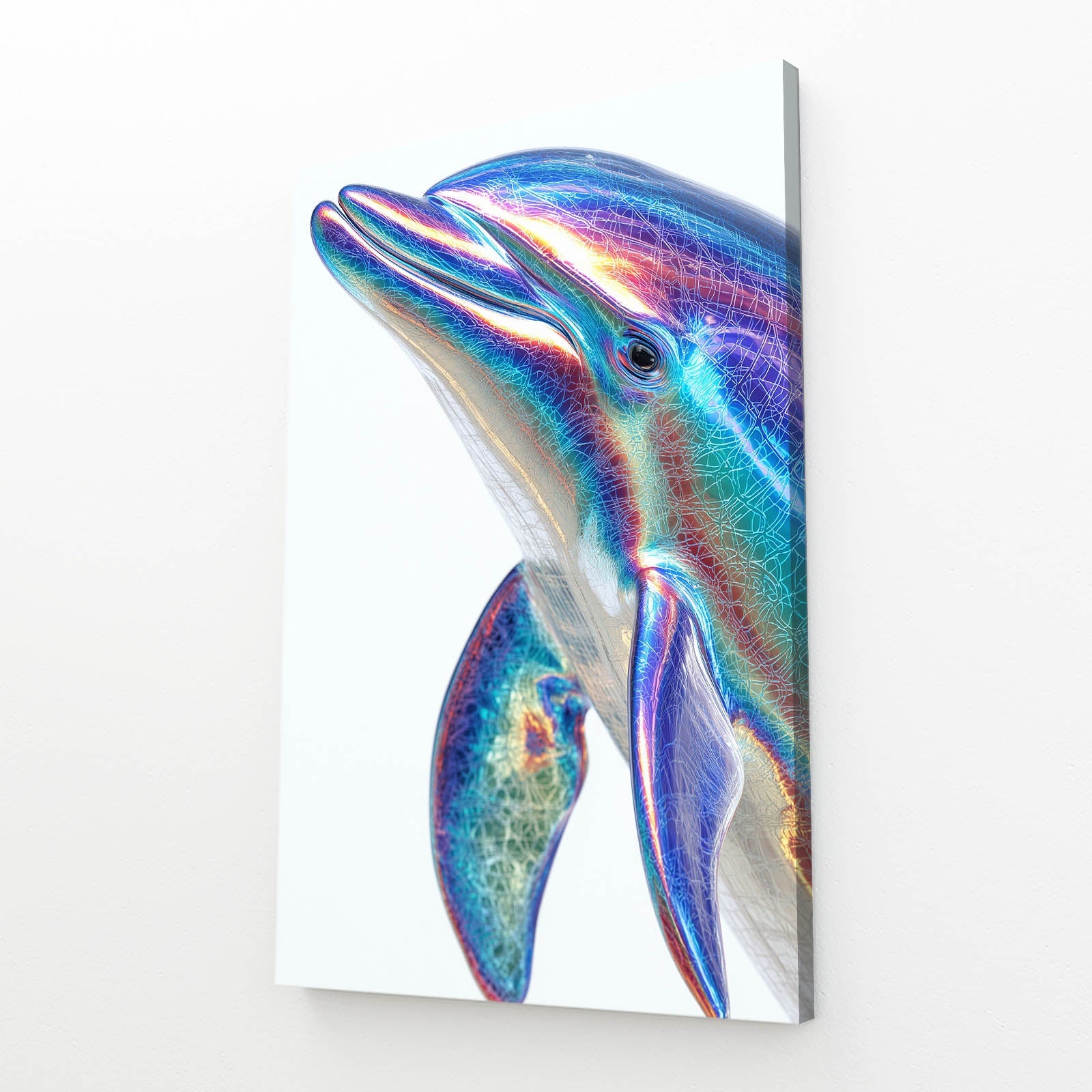 Holographic Chrome Dolphin Art – two iridescent holographic chrome dolphins with rainbow sheen on white