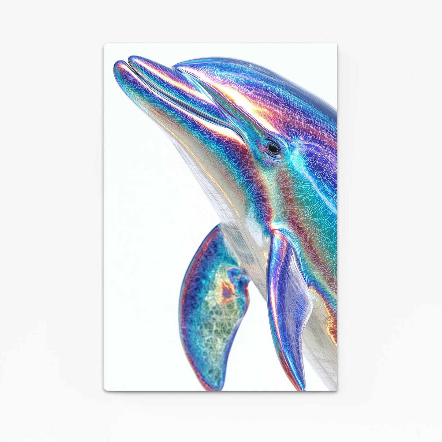 Holographic Chrome Dolphin Art – angled canvas view on white background