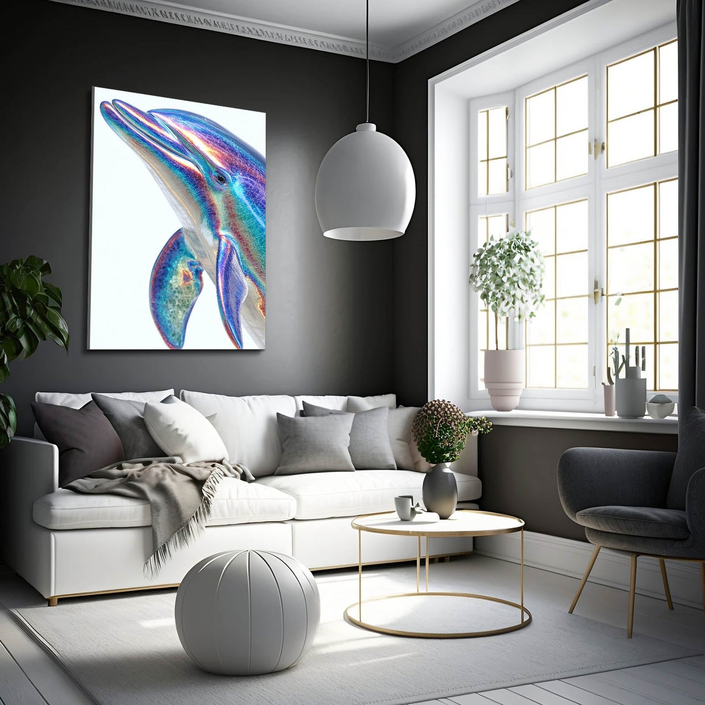 Holographic Chrome Dolphin Art – styled in a furnished interior