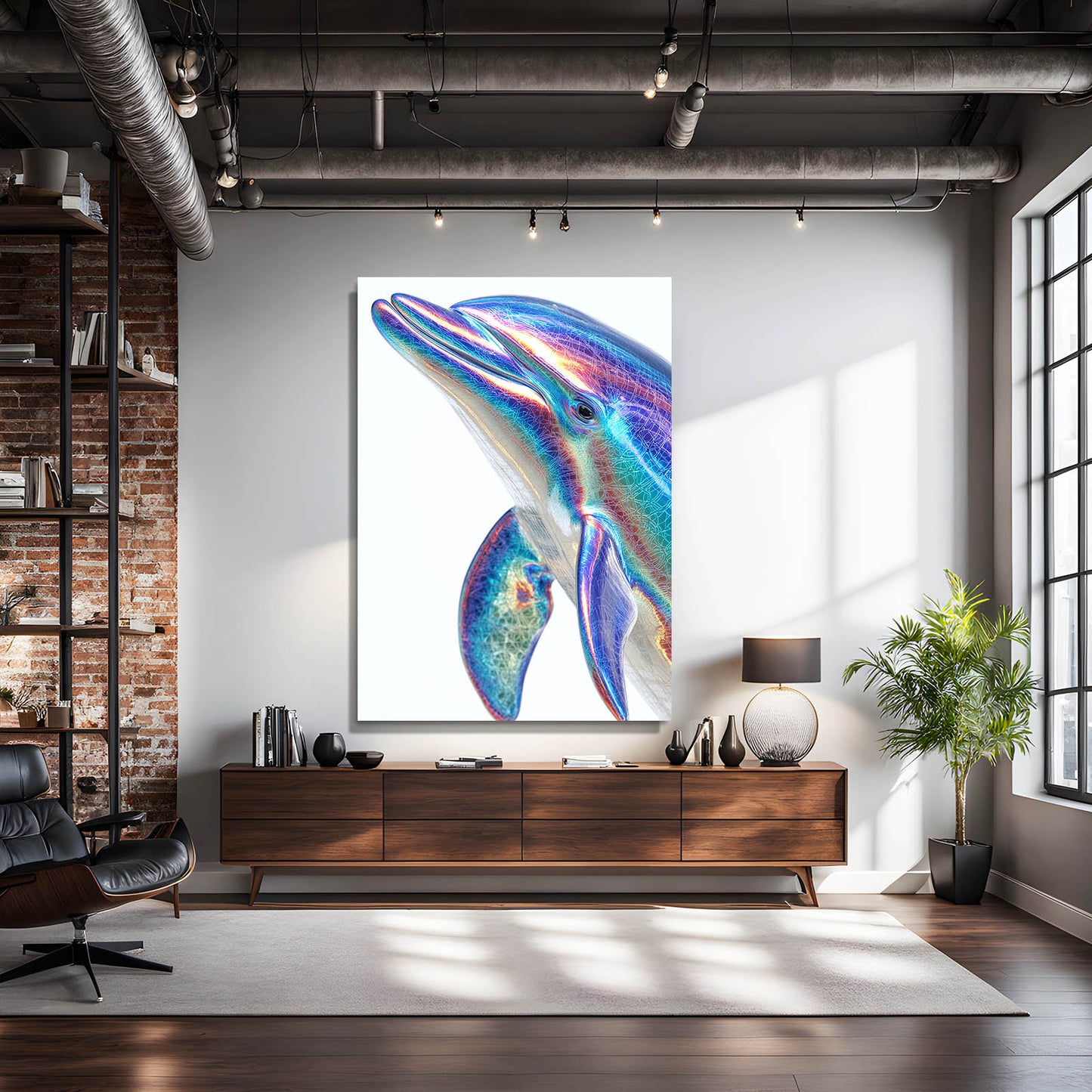 Holographic Chrome Dolphin Art – styled in a furnished interior