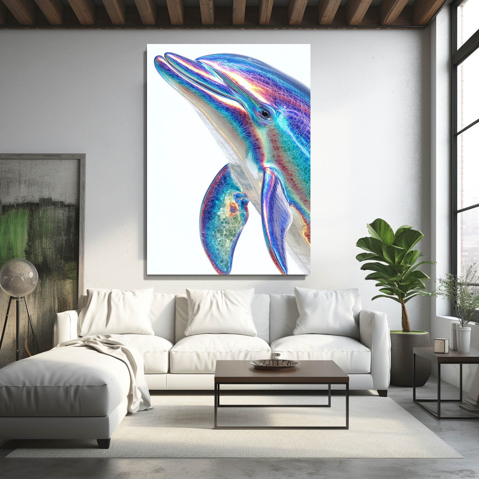 Holographic Chrome Dolphin Art – styled in a furnished interior