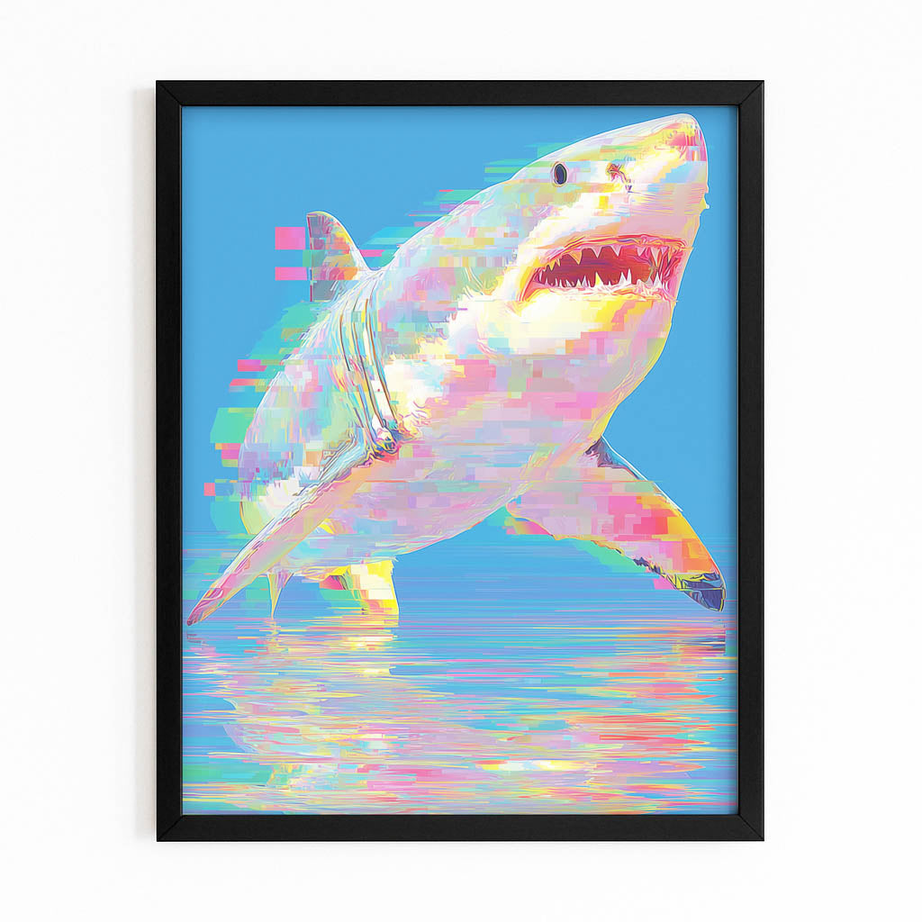 Holographic Iridescent Shark Canvas – with Premium Black frame on white background