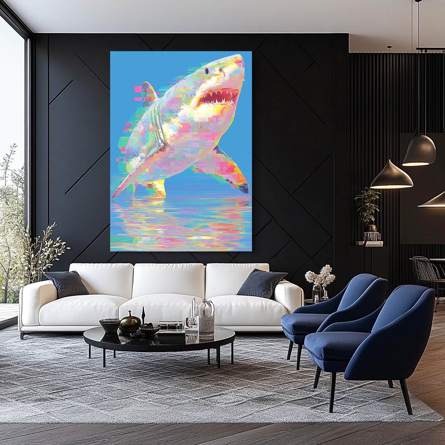 Holographic Iridescent Shark Canvas – styled in a furnished interior