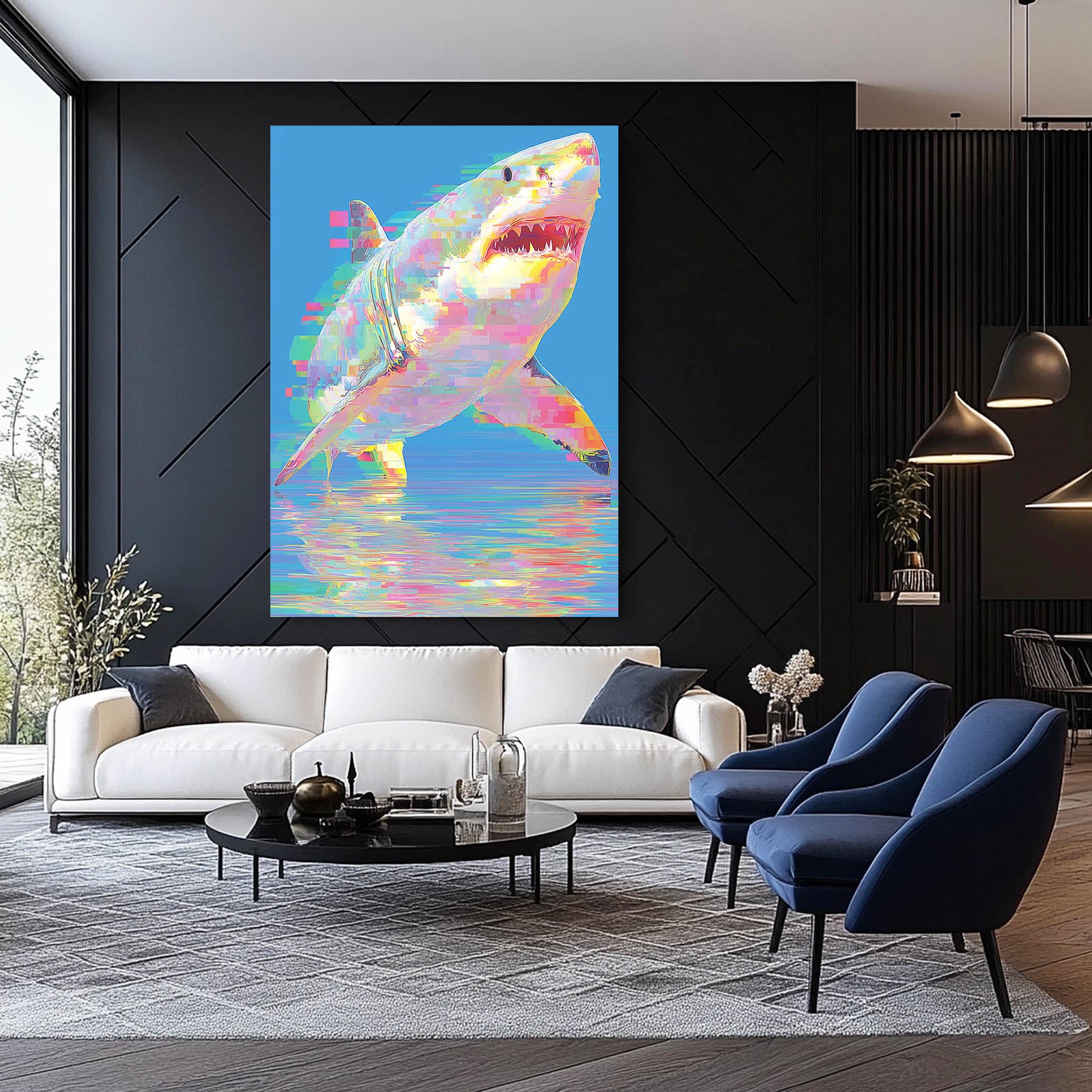 Holographic Iridescent Shark Canvas – styled in a furnished interior