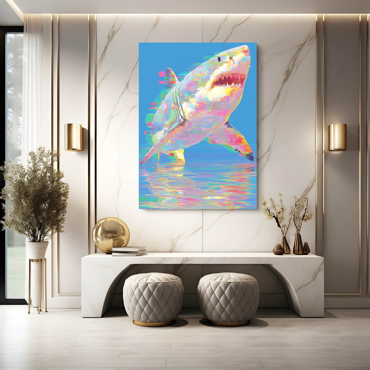 Holographic Iridescent Shark Canvas – styled in a furnished interior