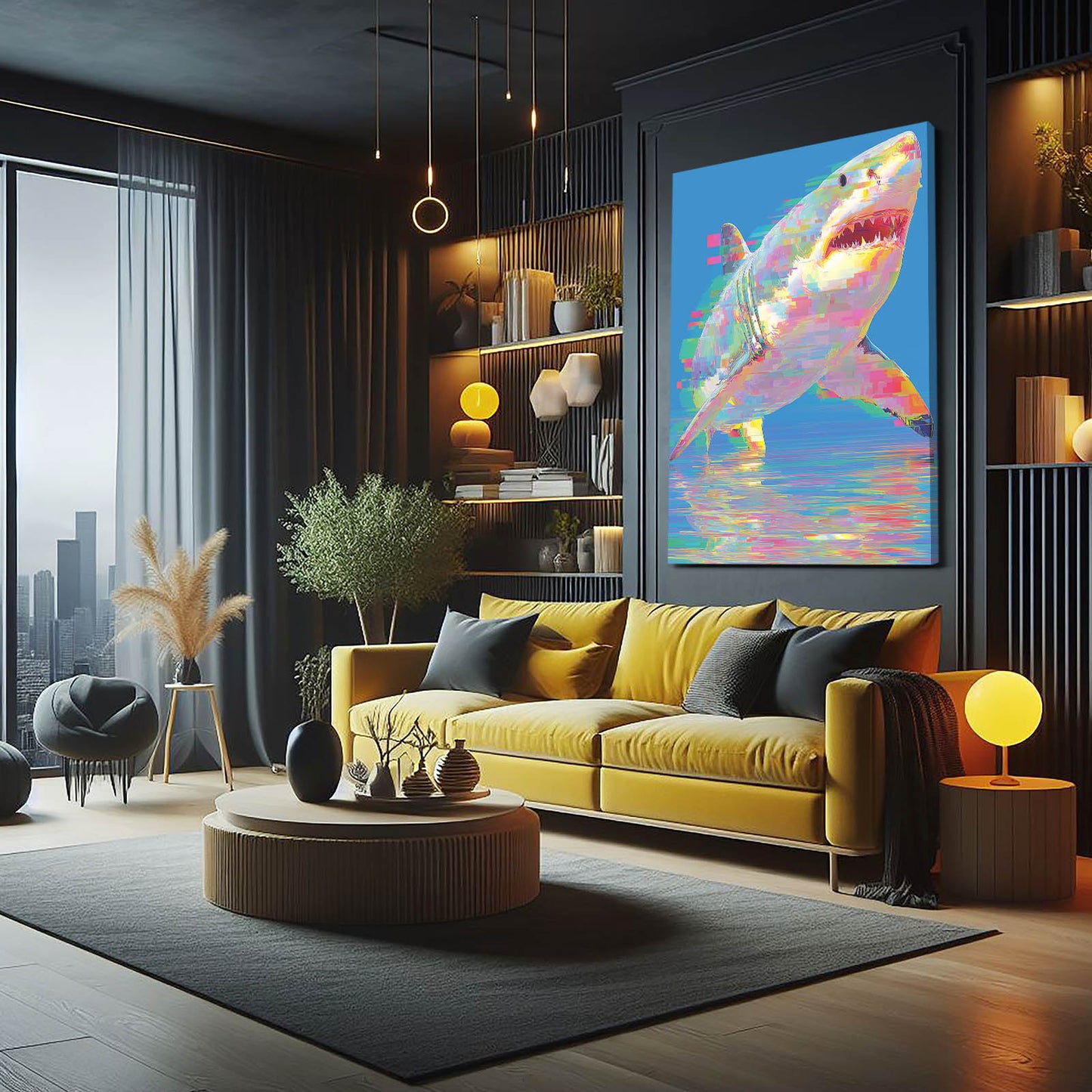 Holographic Iridescent Shark Canvas – styled in a furnished interior