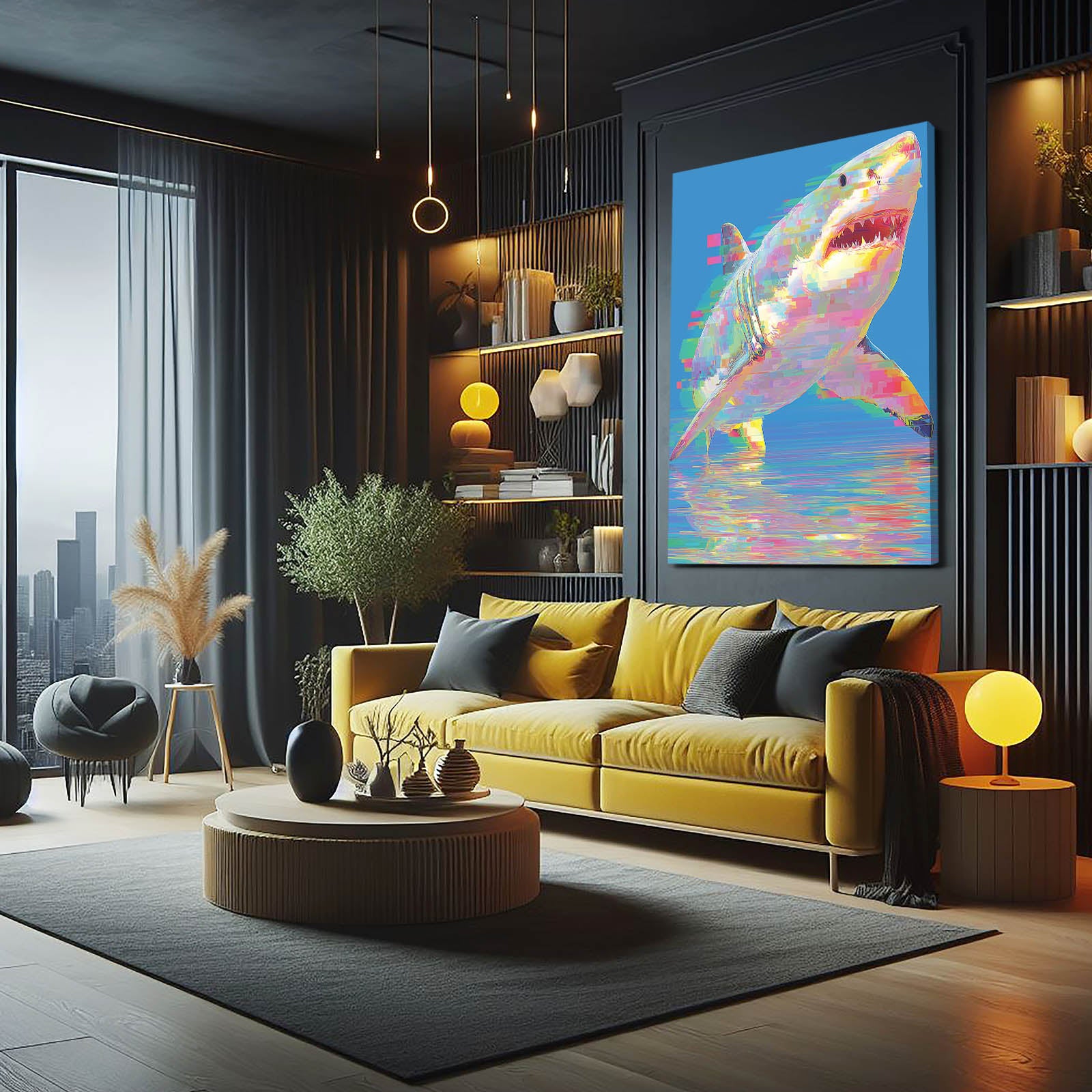 Holographic Iridescent Shark Canvas – styled in a furnished interior