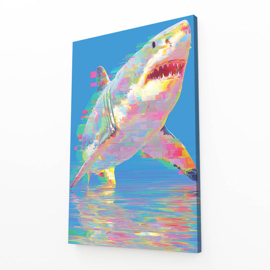 Holographic Iridescent Shark Canvas – angled canvas view on white background