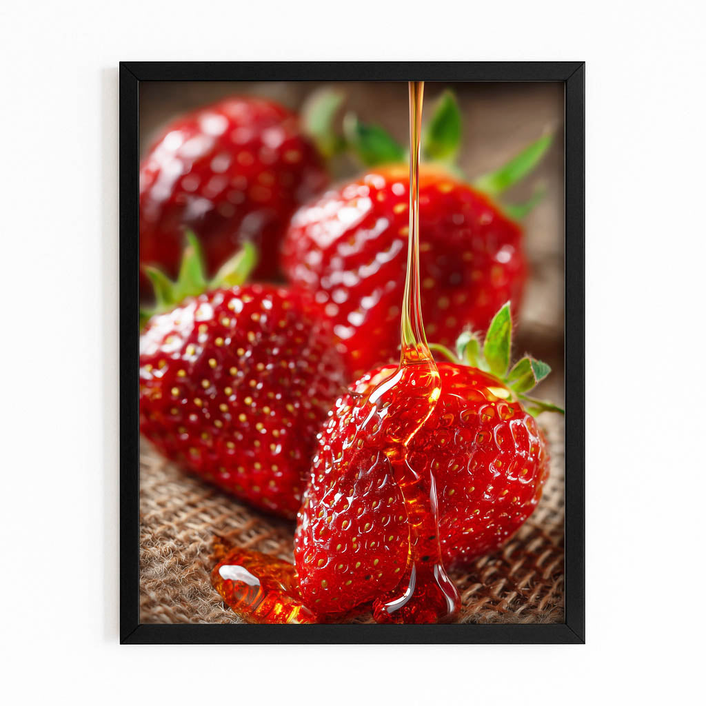 Honey Strawberries Fruit Canvas – with Premium Black frame on white background