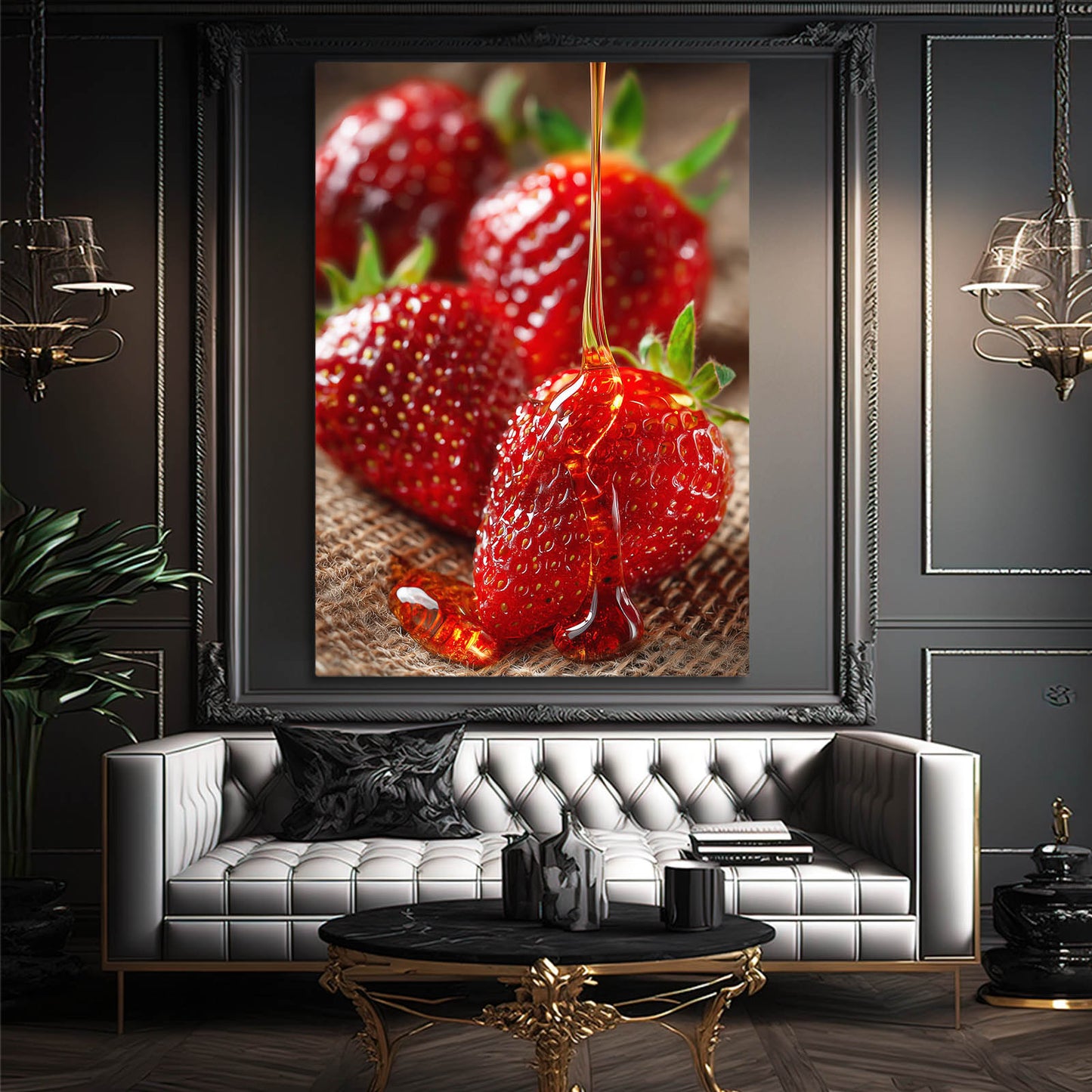Honey Strawberries Fruit Canvas – styled in a furnished interior