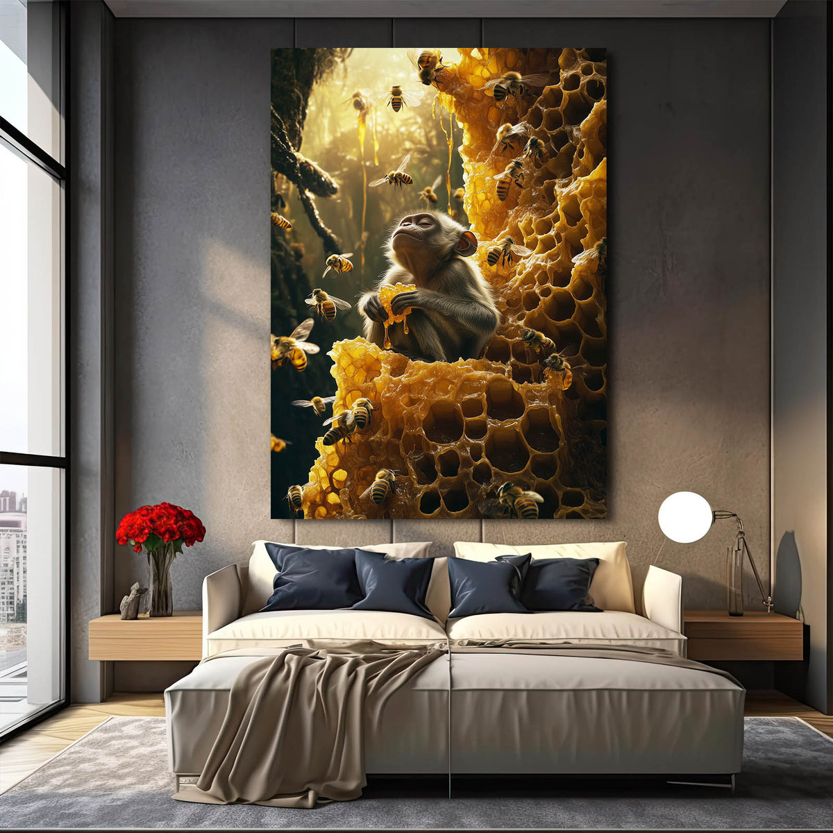 Honeycomb Bee Baby Monkey Wall Art — surrealism canvas print, styled in a furnished interior