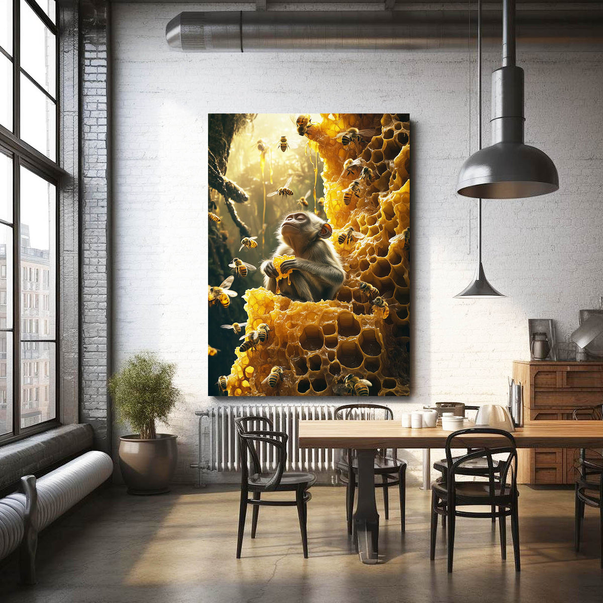 Honeycomb Bee Baby Monkey Wall Art — surrealism canvas print, styled in a furnished interior